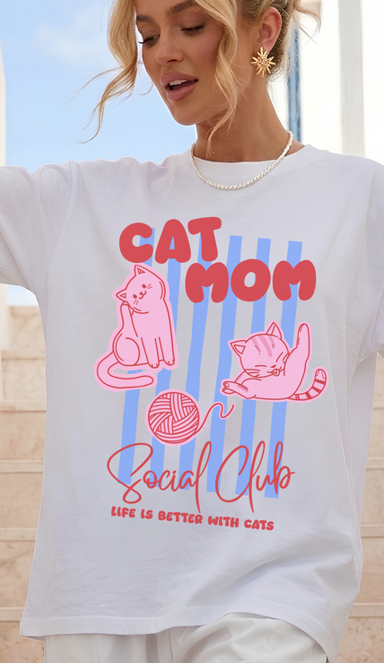 Cat mom wearing cat mom social club Shirt with pink and red cats on blue stripes life is better with cats