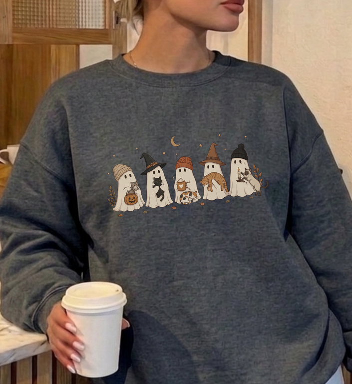five ghosts with cats shirt, cozy fall pumpkin patch top, spooky season crewneck apparel, matching girls trip sweaters, cute halloween cat lover gift, witchy aesthetic fall clothing, black cat orange tabby merch, spooky cat mom holiday jumper, ghosts holding cats aesthetic, funny women autumn cabin trip, autumn crescent moon apparel, calico siamese cat mom merch, halloween party drinking squad