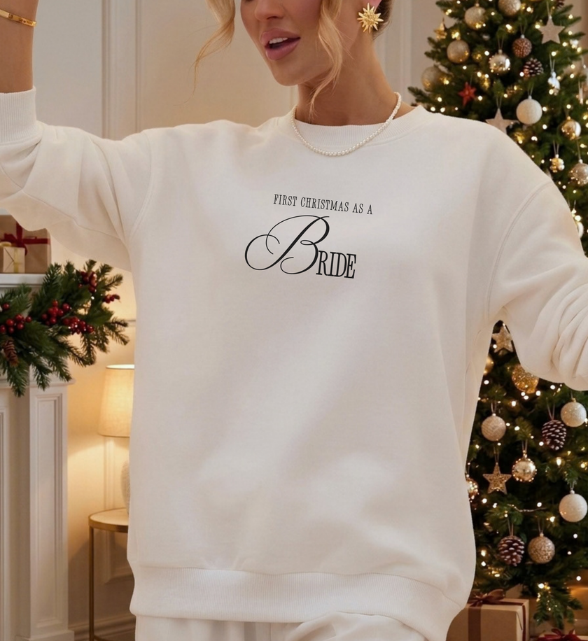 custom bride christmas sweater, first christmas as a bride top, custom bride engagement shirt, personalized future wife shirt, custom bridal print crewneck, custom engaged couple sweater, first xmas engaged pullover, personalized bride holiday top, custom wife to be xmas print, custom fiancee christmas top, aesthetic bride xmas sweater, personalized bride crewneck, custom printed fiancee shirt