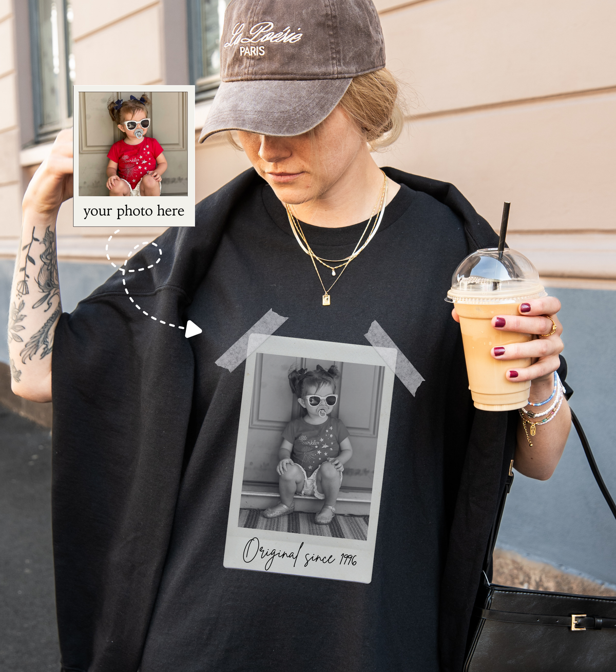 women turning 3 , wearing her birthday t-shirt with her custom picture and custom text in vintage polaroid style