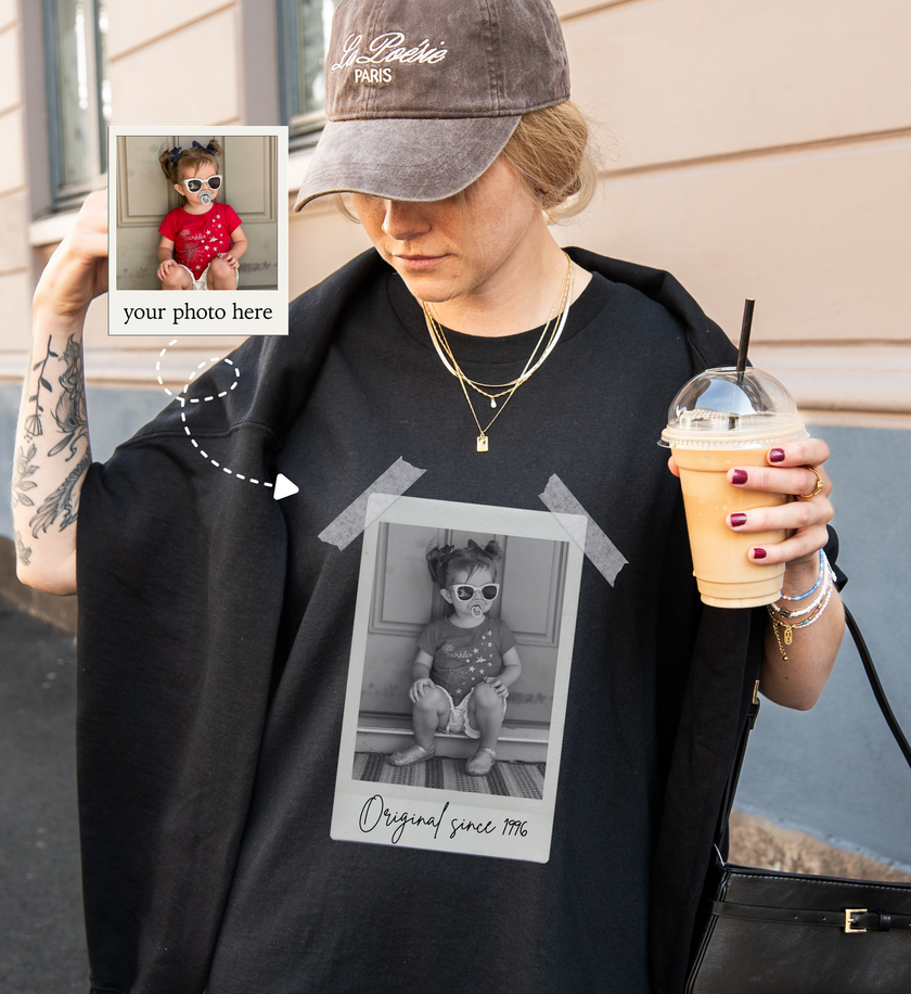 women turning 3 , wearing her birthday t-shirt with her custom picture and custom text in vintage polaroid style