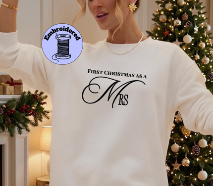 embroidered mrs xmas sweater, first christmas as a mrs top, custom bride christmas jumper, personalized wife xmas shirt, embroidered bridal crewneck, custom married couple sweater, first xmas married pullover, personalized bride holiday top, embroidered wife christmas tee, custom newlywed christmas top, aesthetic bride xmas sweater, personalized mrs crewneck top, custom embroidered bride shirt