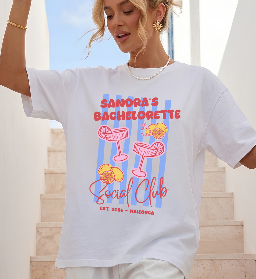 Personalized Euro Summer Bachelorette Shirt, Amalfi Coast Beach Club Bride Squad Tee, Hand Drawn Italian Summer Doodle Top, Mediterranean Cabana Stripe Girls Trip