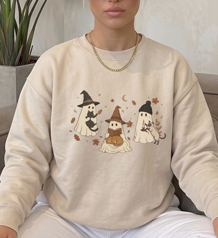 cute halloween ghost shirt, cat lover fall sweatshirt, spooky season crewneck apparel, cozy autumn ghosts and cats, witchy aesthetic fall clothing, retro halloween girls trip top, black cat orange tabby merch, spooky cat mom holiday sweater, cute ghost holding cat apparel, autumn leaves crescent moon, fall pumpkin patch outfit top, halloween party drinking crew, funny matching couples jumper