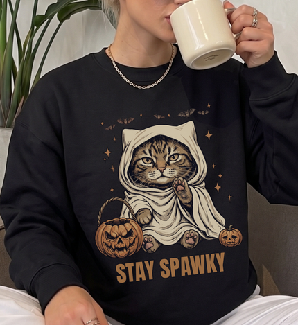 stay spawky halloween sweater, funny ghost cat lover clothing, spooky season kitty crewneck, trick or treat pumpkin bucket, cute cat in ghost costume top, spawky kitten holiday apparel, halloween party drinking squad, cute matching girls trip merch, funny spooky cat mom merch tee, retro vintage witchy aesthetic, cozy autumn horror movie cat, autumn fall cabin trip jumper, matching couples fall outfits