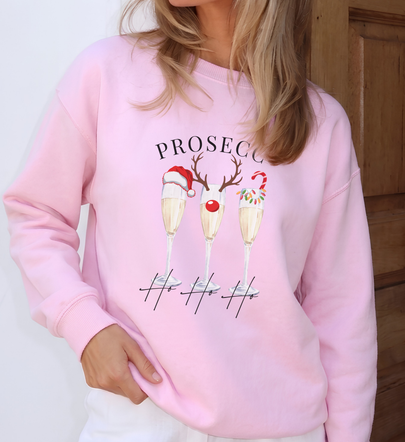 funny ugly christmas sweater, prosecco ho ho ho sweatshirt, holiday drinking crew merch, matching girls trip outfits, reindeer champagne glasses, cute pink christmas apparel, funny wine lover holiday top, christmas party drinking squad, festive alcohol lover clothing, trendy winter cabin trip merch, santa hat prosecco aesthetic, ho ho ho reindeer holiday crew, cute winter cocktail aesthetic