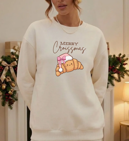 ugly christmas sweater women, merry croissmas xmas sweater, cute croissant xmas sweater, funny croissant holiday top, cute food christmas crewneck, script font christmas sweater, festive holiday party sweater, croissant lover christmas gift, funny bakery xmas sweatshirt, cute kawaii christmas sweater, french pastry xmas crewneck, holiday foodie gift sweater, winter christmas graphic top