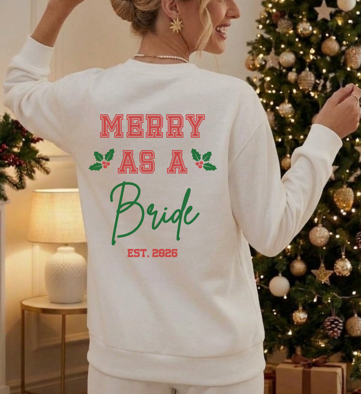 ugly christmas sweater bride, merry as a bride xmas sweater, bride to be christmas sweater, future misses gift xmas top, christmas bride gift sweater, script font christmas sweater, custom name christmas sweater, backprint bride xmas sweater, varsity font christmas sweater, custom bride christmas gift, engagement christmas sweater, college font christmas sweater, future wifey christmas sweater