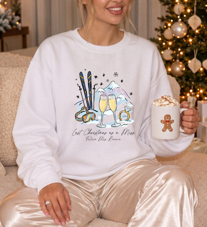 Custom engagement apparel, aesthetic fiancé clothes top, cozy engaged xmas apparel, matching bachelorette shirts, retro ski trip outerwear top, champagne toast gift items, cute bride to be gifts top, stylish bridal shower apparel, trendy fiancée pullovers top, warm winter wedding apparel, unique honeymoon outfits top, custom Future Mrs present gift, chic bridal bachelorette item