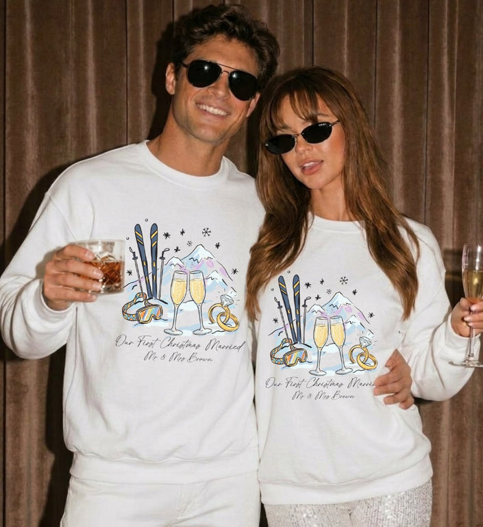custom wedding gift apparel, aesthetic honeymoon clothes, cozy married xmas apparel, matching bride squad shirts, retro ski trip outerwear top, champagne toast gift items, cute newlywed gifts apparel, stylish bridal party apparel, trendy married pullovers top, warm winter wedding apparel, unique honeymoon outfits top, custom Mr Mrs name present, chic wedding shower apparel