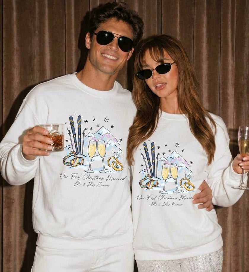 custom wedding gift apparel, aesthetic honeymoon clothes, cozy married xmas apparel, matching bride squad shirts, retro ski trip outerwear top, champagne toast gift items, cute newlywed gifts apparel, stylish bridal party apparel, trendy married pullovers top, warm winter wedding apparel, unique honeymoon outfits top, custom Mr Mrs name present, chic wedding shower apparel
