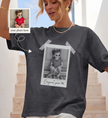 women turning 3 , wearing her birthday t-shirt with her custom picture and custom text in vintage polaroid style