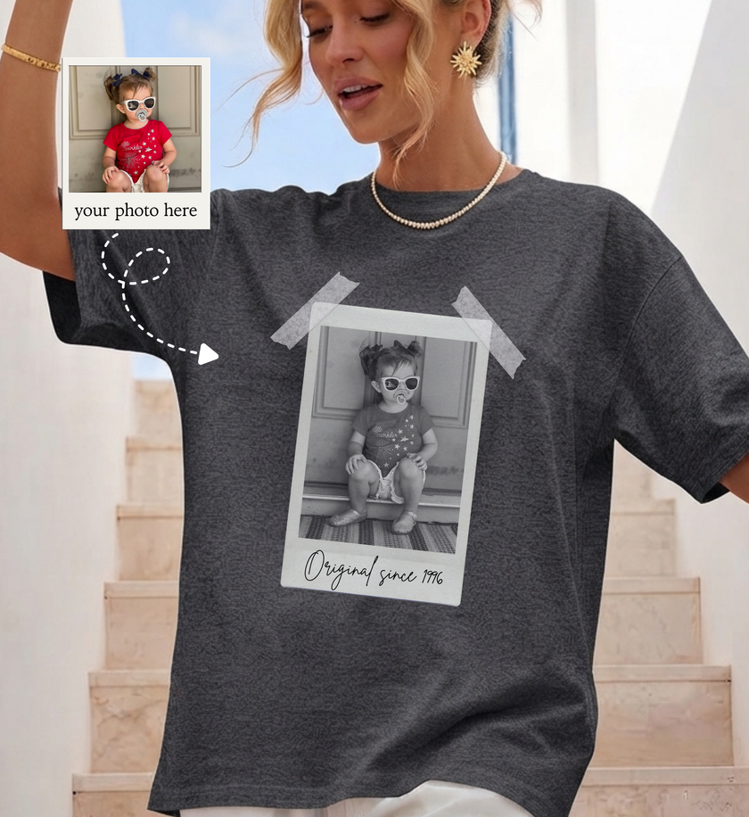women turning 3 , wearing her birthday t-shirt with her custom picture and custom text in vintage polaroid style