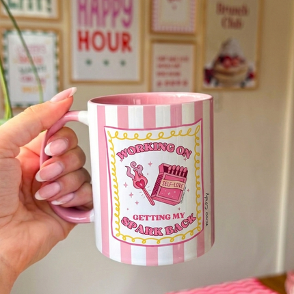 women holding her coffee mug with self love quote for motivation can be customized
