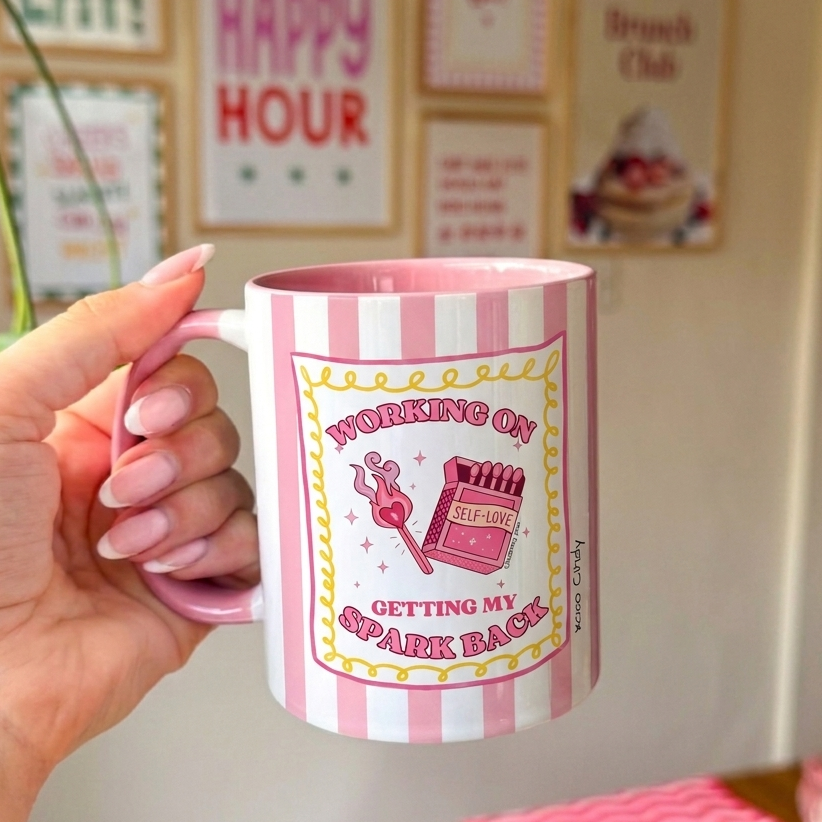 women holding her coffee mug with self love quote for motivation can be customized
