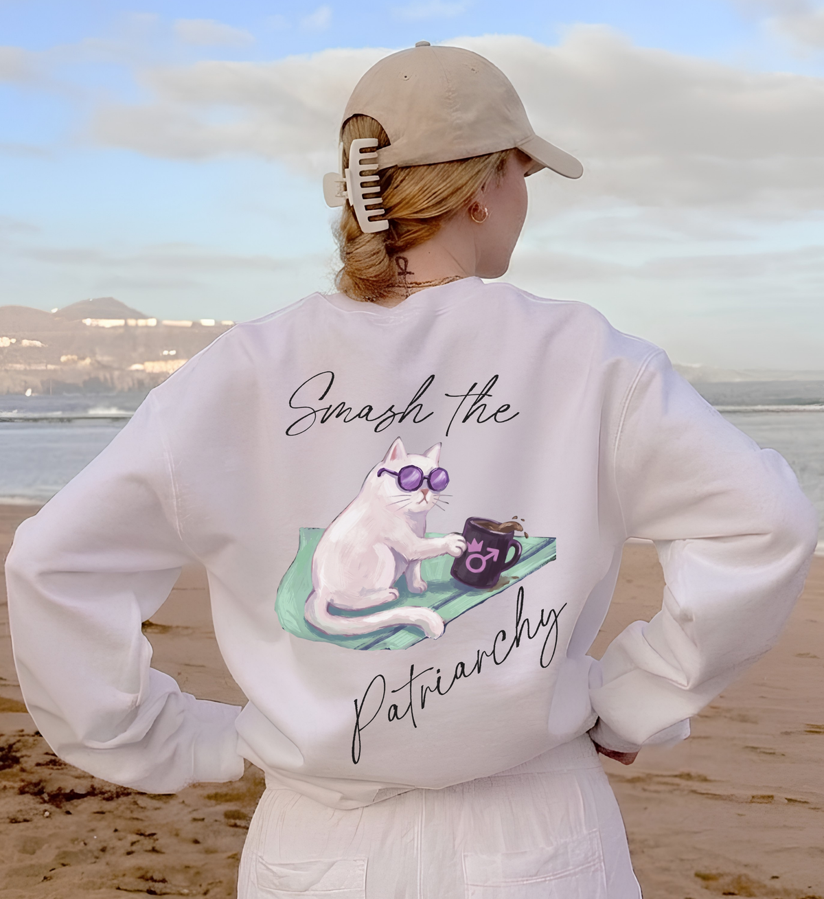 funny feminist sweatshirt, smash patriarchy sweater, cat pushing mug jumper, unhinged humor activist, womens rights protest gear, political cat meme gift, 90s retro protest apparel, intersectional feminism, funny cat mom sweatshirt, smash the patriarchy merch, sassy political statement, equal rights activist top, cat meme protest clothing