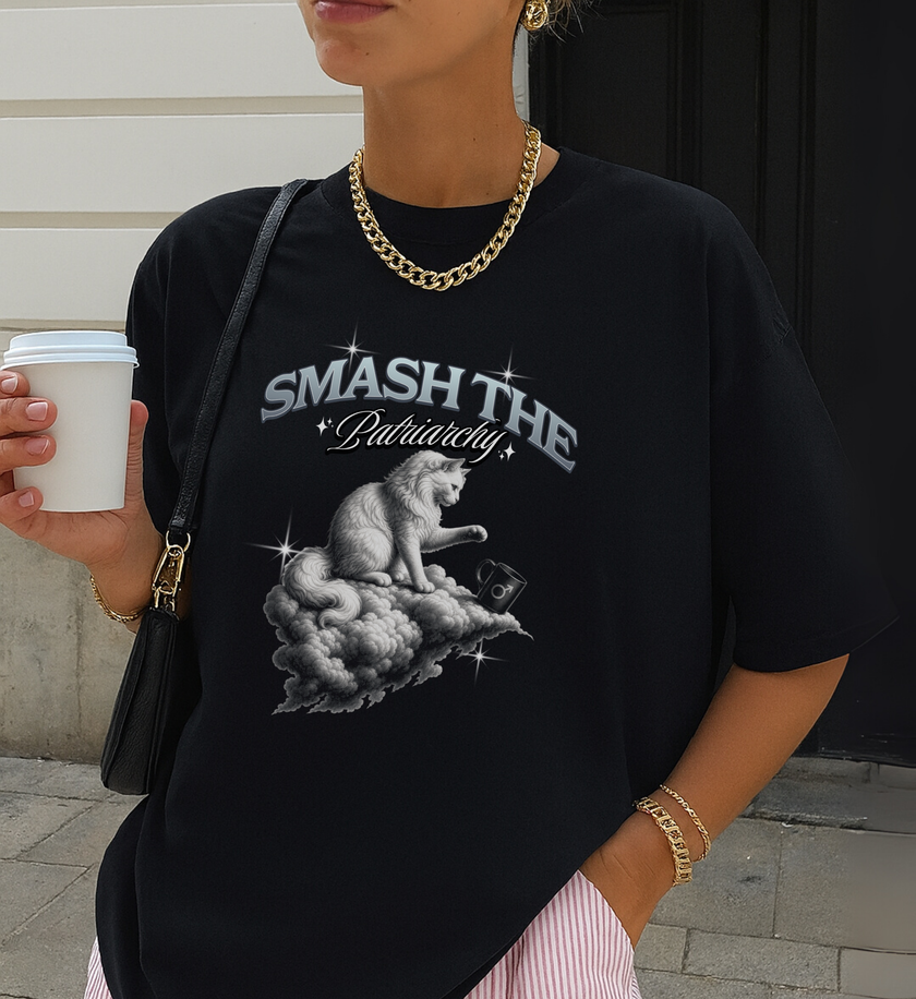 bootle shirt women wearing black shirt with feminism quote smash the patriarchy
