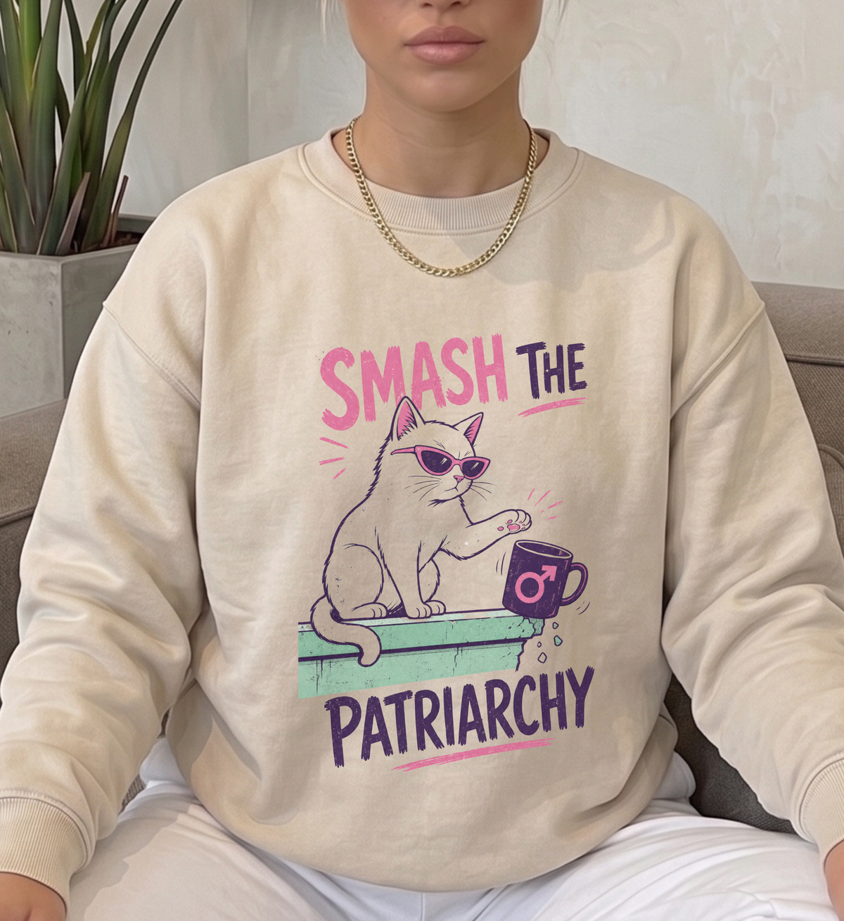 funny feminist cat sweatshirt, smash the patriarchy shirt, retro sassy cat graphic tee, girl power apparel for women, womens rights graphic pullover, funny feminist gift for her, smashing patriarchy cat shirt, sassy feline feminist sweater, feminism quote cat pullover, empowered women clothing gift, funny cat knocking over mug, retro aesthetic feminist tee, rebellious cat owner apparel