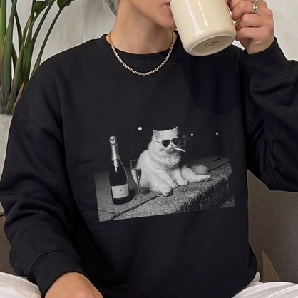 funny smoking cat sweater, vintage champagne cat shirt, grunge aesthetic apparel, retro party animal hoodie, sarcastic cat lover gift idea, black and white cat graphic, cool cat with sunglasses, edgy streetwear pullover, humorous feline sweatshirt, trendy aesthetic cat merch, funny drinking cat apparel, retro grunge cat clothing, sarcastic animal graphic tee