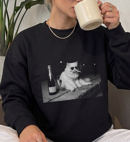 funny smoking cat sweater, vintage champagne cat shirt, grunge aesthetic apparel, retro party animal hoodie, sarcastic cat lover gift idea, black and white cat graphic, cool cat with sunglasses, edgy streetwear pullover, humorous feline sweatshirt, trendy aesthetic cat merch, funny drinking cat apparel, retro grunge cat clothing, sarcastic animal graphic tee