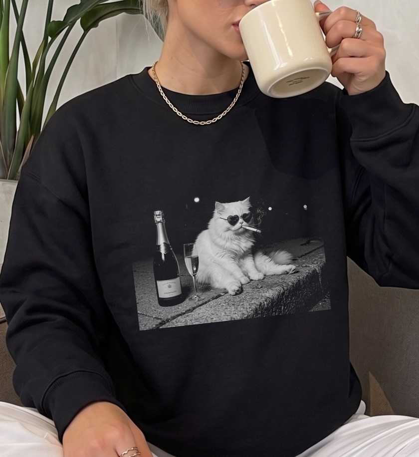 funny smoking cat sweater, vintage champagne cat shirt, grunge aesthetic apparel, retro party animal hoodie, sarcastic cat lover gift idea, black and white cat graphic, cool cat with sunglasses, edgy streetwear pullover, humorous feline sweatshirt, trendy aesthetic cat merch, funny drinking cat apparel, retro grunge cat clothing, sarcastic animal graphic tee