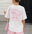 Cincerely Yours Lucky in Love Las Vegas Bachelorette Shirt mit pinkem Slot Machine Print im Vintage Retro Casino Design für den JGA