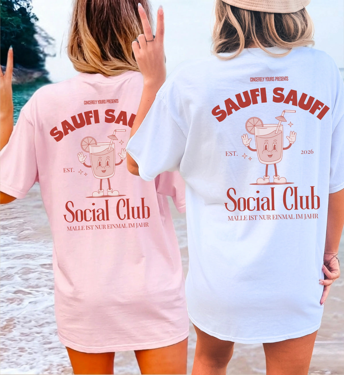 Detailaufnahme des großen Backprints auf dem Mallorca Party T-Shirt mit lustigem Cocktail Motiv und dem Schriftzug Saufi Saufi Social Club.