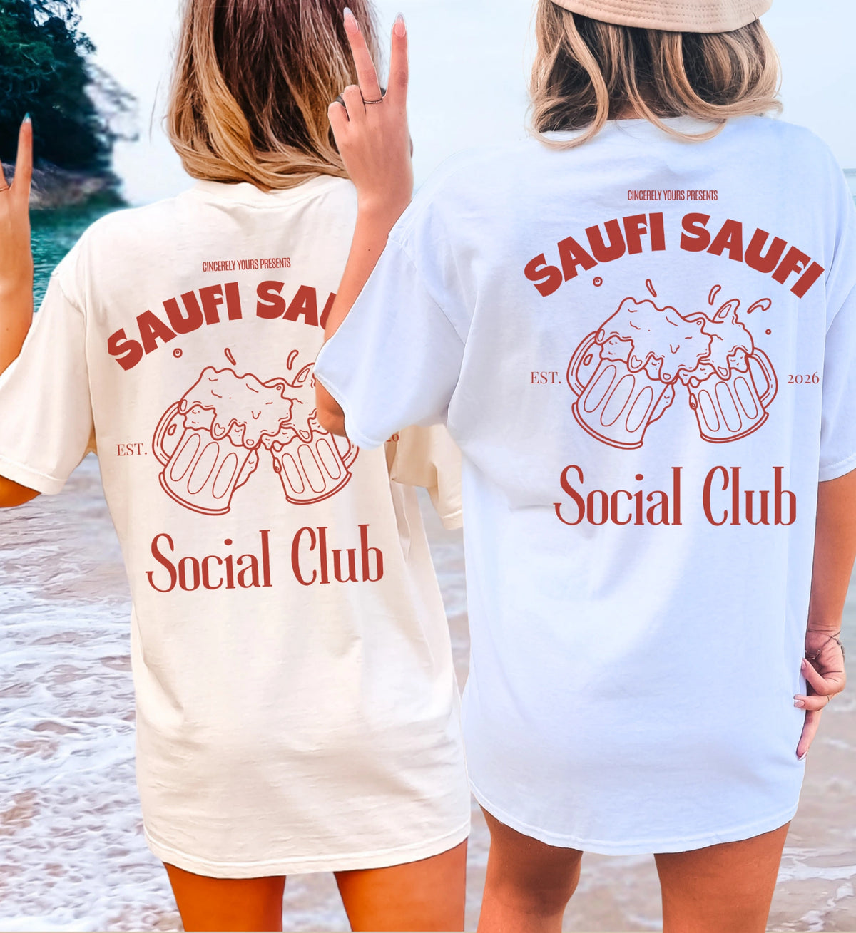 Stylisches Mallorca Girls Trip Outfit mit dem Saufi Saufi Social Club Party Shirt im modernen Aesthetic Ballermann Look