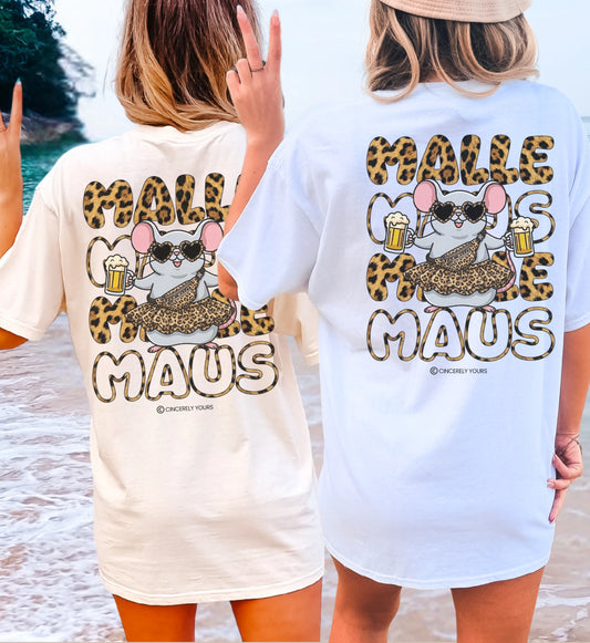 Rückansicht des hochwertigen Mallemaus Shirts von Cincerely Yours aus weicher Baumwolle mit dem beliebten Malle Maus Leopard Motiv für den perfekten Party Look.