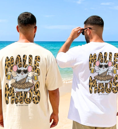 Ein stylisches Damen Outfit kombiniert mit dem Mallemaus Shirt und Leopard Details ideal für die nächste Party oder den Strandurlaub auf Mallorca.