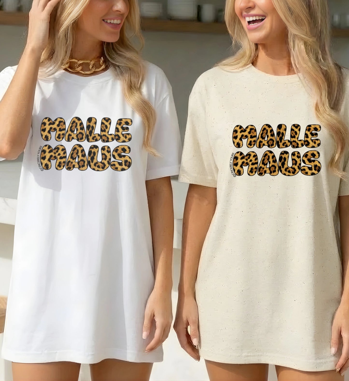 Personalisiertes Mallemaus Shirt für Damen in Beige aus weicher Baumwolle mit stylischem Malle Maus Leopard Bubble Font Design für den Girls Trip.