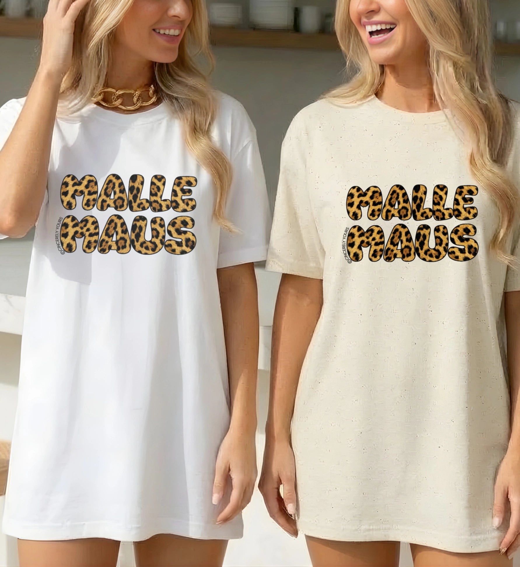 Personalisiertes Mallemaus Shirt für Damen in Beige aus weicher Baumwolle mit stylischem Malle Maus Leopard Bubble Font Design für den Girls Trip.