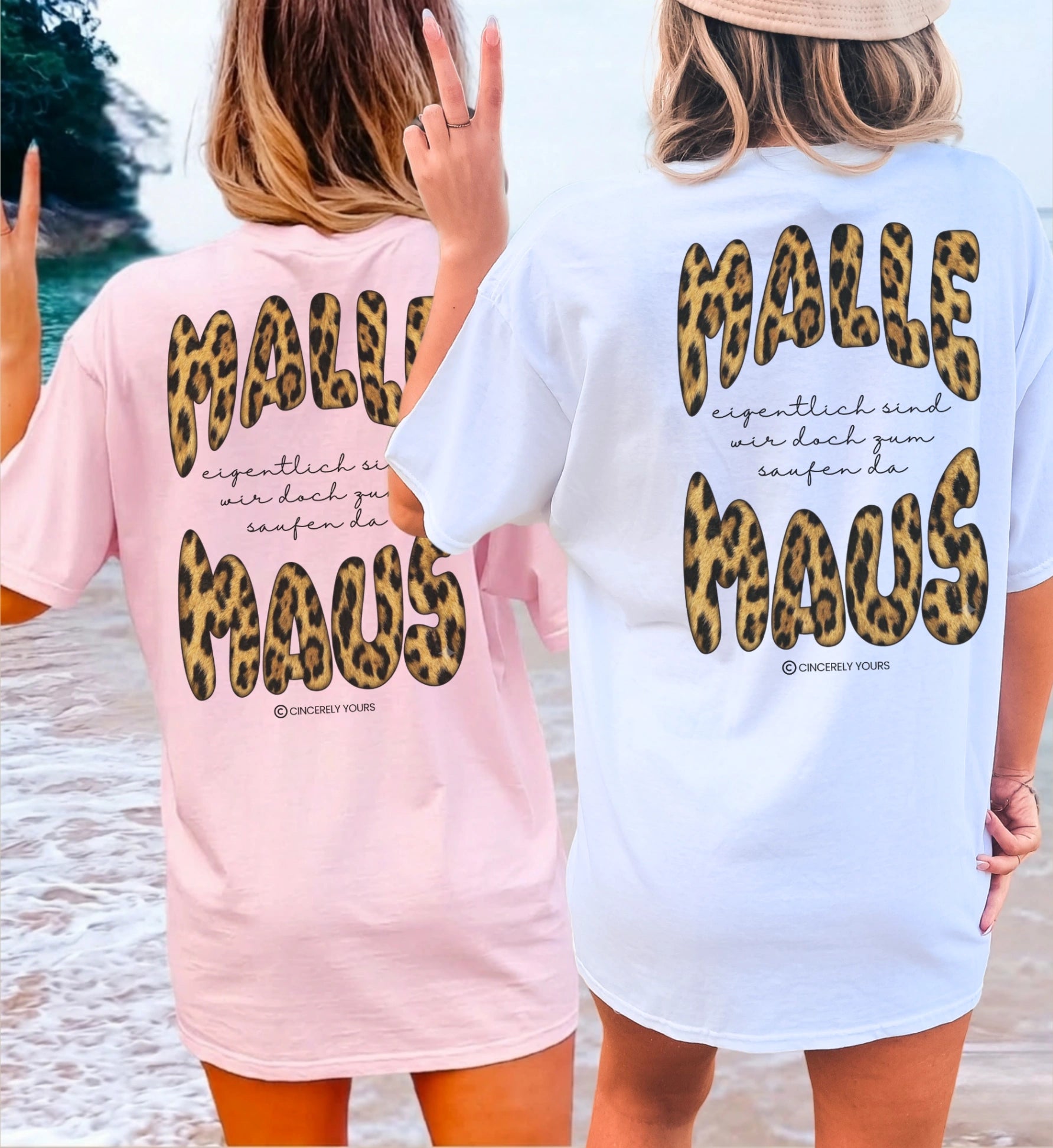 Mallemaus Shirt von Cincerely Yours mit stylischem Leopard Print und dem Spruch Eigentlich sind wir doch zum saufen da für Mädels auf Mallorca.