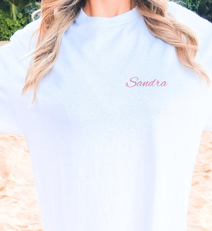Elegant white organic cotton old money bachelorette shirt from Cincerely Yours with minimalist classy design for the elegant bride to be squad.