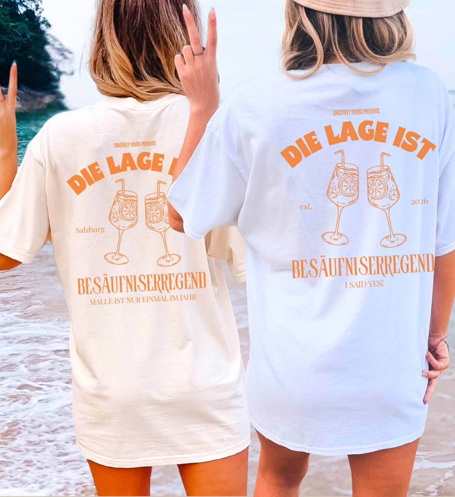 Seitenansicht des Spritz Cocktail Shirts von Cincerely Yours perfekt geeignet als einheitliches Gruppenoutfit für den nächsten JGA oder den anstehenden Malle Urlaub.