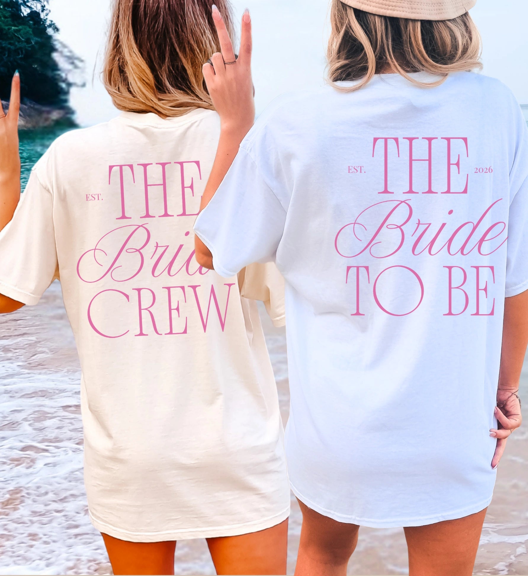 Flatlay of organic cotton bride to be crew bach shirts by Cincerely Yours in aesthetic neutral beige and vintage hunter green colors.