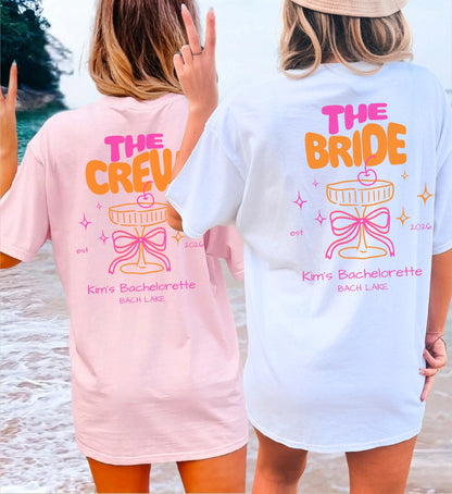 Coquette Bachelorette Party Tee — The Bride Crew cherry bow Champagne (Customizable) - Cincerely Yours