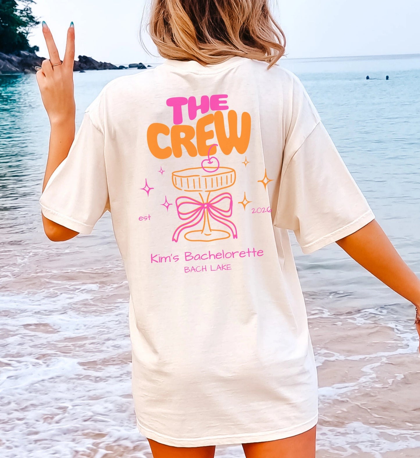 Coquette Bachelorette Party Tee — The Bride Crew cherry bow Champagne (Customizable) - Cincerely Yours