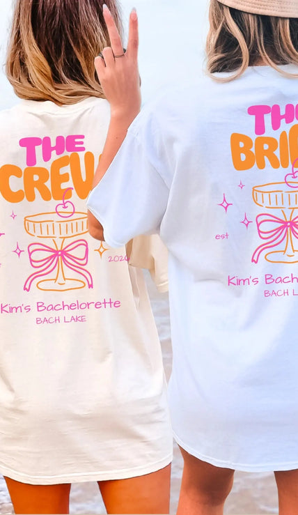 Coquette Bachelorette Party Tee — The Bride Crew cherry bow Champagne (Customizable) - Cincerely Yours