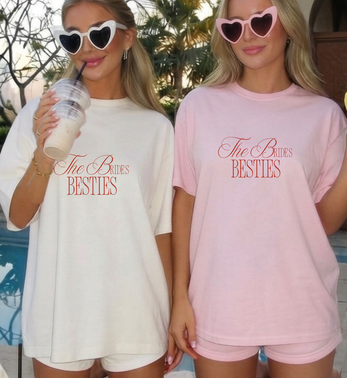 custom brides besties shirt, personalized bridesmaid tee, bachelorette party custom top, elegant bridesmaid proposal, getting ready bridal party, maid of honor personalized, the brides besties tshirt, custom name bridesmaid gift, old money bachelorette tee, chic bridal party clothing, oversized bridesmaid tshirt, retro typography bridal tee, classic getting ready outfit