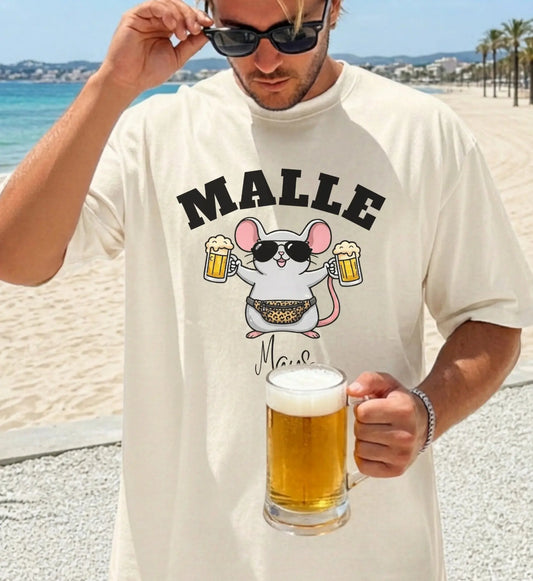 Cremefarbenes Herren T-Shirt mit lustigem Malle-Maus-Motiv, Sonnenbrille und Biergläsern für die Party auf Mallorca.