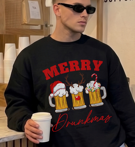 funny merry drunkmas sweater, funny beer drinking crew top, grunge ugly christmas apparel, retro pub crawl party outfit, festive alcohol lover jumper, mens matching winter clothing, funny unisex holiday sweater, drunkmas party drinking squad, reindeer santa hat beer mugs, cute winter cabin trip merch, matching guys christmas shirt, craft beer lover holiday tee, brewery hopping festive merch