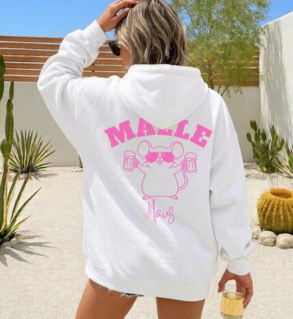Oversized Hoodie in Weiß mit pinkem Malle Maus Aufdruck, ideal für den Mädelsurlaub oder Mallorca Trip.