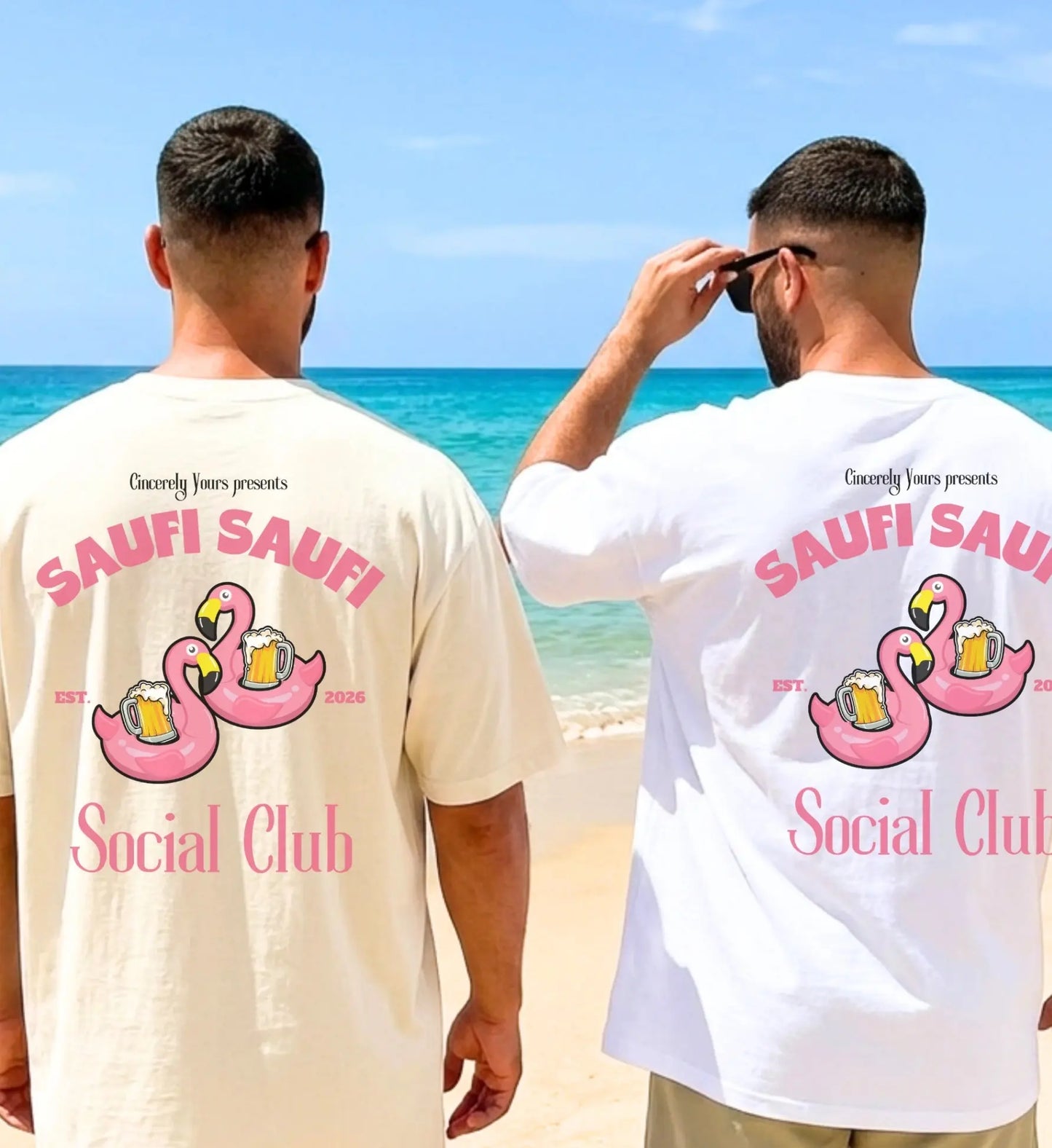 Saufi Saufi Social Club Party Shirt — Pink Flamingo Bierkrüge (Customizable) - Cincerely Yours