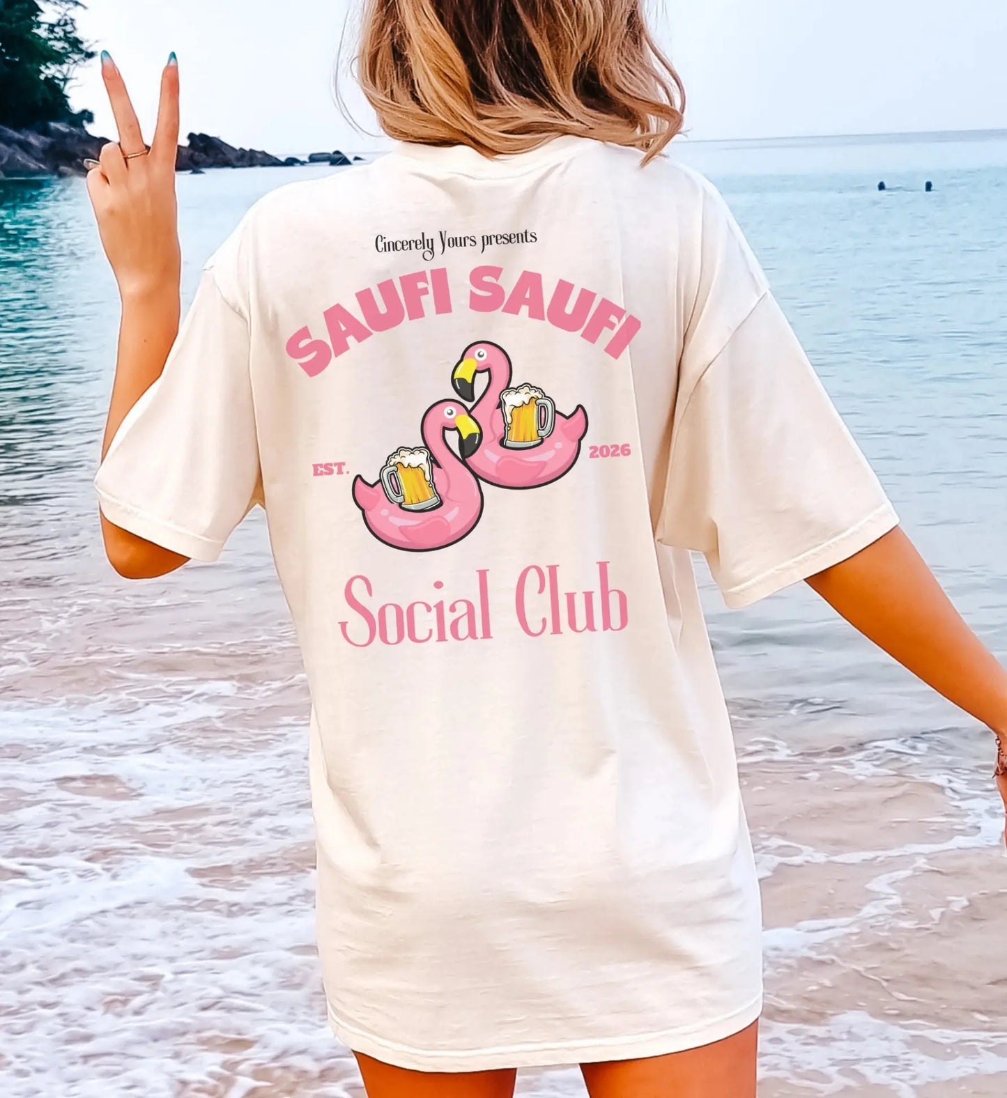 Saufi Saufi Social Club Party Shirt — Pink Flamingo Bierkrüge (Customizable) - Cincerely Yours
